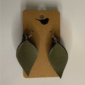 Olive Green Faux Leather Leaf Drop Earrings